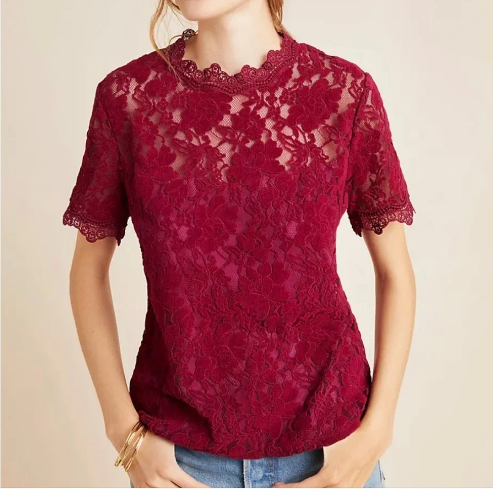 Anthropologie Blue tassel size M Elegant Lace Rapsberry  Top - Picture 6 of 6